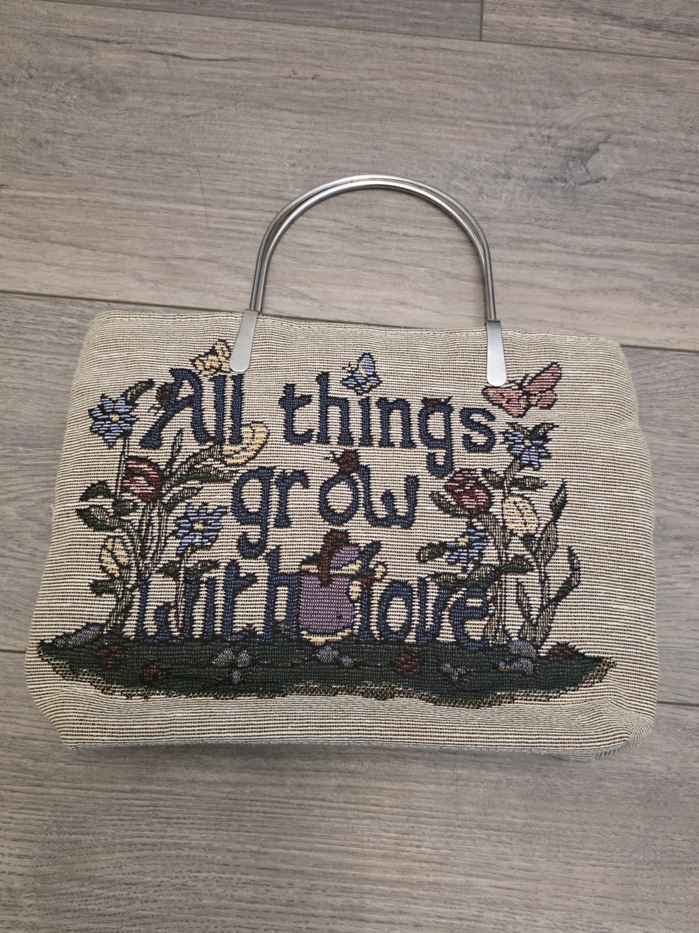 Vintage 90s "All Things Grow With Love" Woven Tapestry  Embroidered Handbag